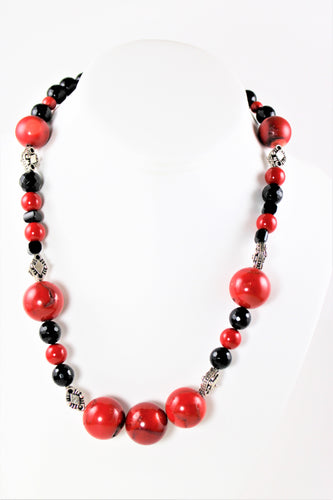 Red Coral, Black Onyx & Sterling Silver Necklace