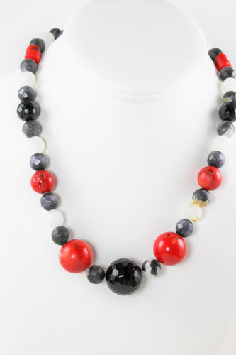 Red Coral, Obsidian and Black Onyx Necklace