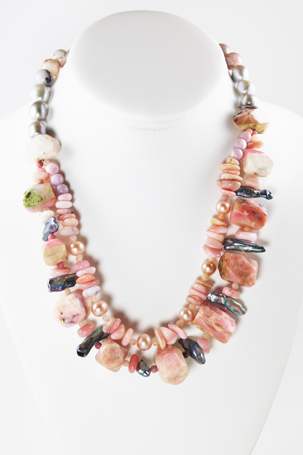 Rhodochrosite,  Stick Pearls and Pink Pearls Necklace