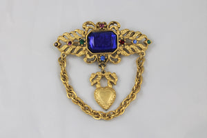 Gold Antique Brooch with Colored Glass Stones